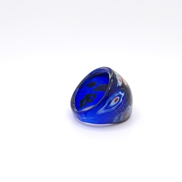 Murano Style Hand Blown Glass Ring Women's Blue Art Floral Design Boho Size 6 - Picture 12 of 14